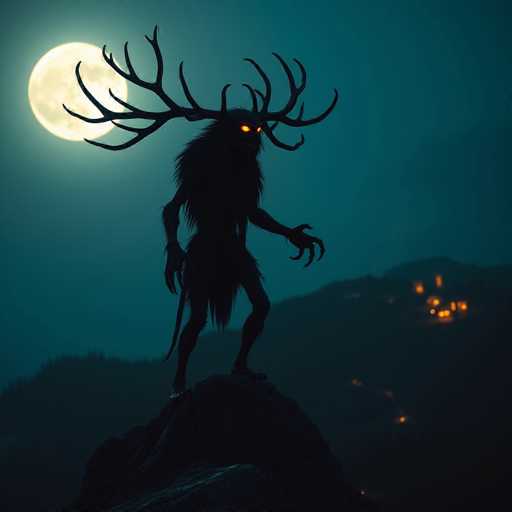 The image depicts a computer-generated, eerie creature standing on a rocky outcrop at night. The creature, resembling a werewolf or a mythical beast, has long, shaggy fur and glowing orange eyes that pierce through the darkness. Its face is partially obscured, with a hint of a mouth visible. The beast's most striking feature is its large, antler-like horns that curve outward and upward from its head. Its hands are long and claw-like, adding to its menacing appearance. The creature's body is hunched over, with its head slightly tilted downward, and it has a tail that extends behind it. The background features a dark, bluish-green sky with a full moon in the upper left corner, casting a faint glow. Below the creature, a hillside is dotted with small, orange lights, possibly from a distant village or campfires. The overall atmosphere is haunting and mysterious, with the creature seemingly surveying the area below.