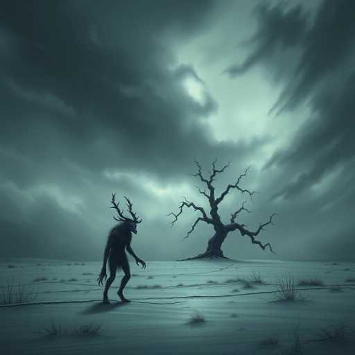 The image depicts a dark, eerie scene with a large, leafless tree standing alone in the middle of a barren, sandy field. The tree's branches are bare, adding to the desolate atmosphere. The sky is filled with dark, ominous clouds, creating a foreboding ambiance. In the foreground, there is a mysterious creature that appears to be a hybrid between a man and a deer. This creature has a human-like body but is covered in fur, with large, antler-like horns protruding from its head. It stands on its hind legs, facing the tree, and casts a shadow on the ground. The overall color palette of the image is dominated by shades of black, gray, and dark blue, enhancing the sense of isolation and unease. The scene is devoid of any text, focusing solely on the haunting visual elements.
