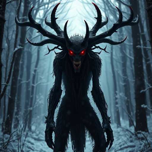 The image depicts a menacing, demonic creature standing in the middle of a snowy forest. The creature has a humanoid form with long, skinny arms and legs, covered in shaggy fur. Its face is particularly terrifying, featuring glowing red eyes and a wide-open mouth filled with sharp, fang-like teeth. The creature's head is adorned with two large, curved horns and a mohawk of spikes, while antlers extend from the sides of its head, resembling tree branches with claws. The background is a dark, foggy forest with tall, leafless trees, their branches dusted with snow. The overall scene is eerie and unsettling, with the creature's glowing eyes and sharp features creating a stark contrast against the snowy, shadowy environment.