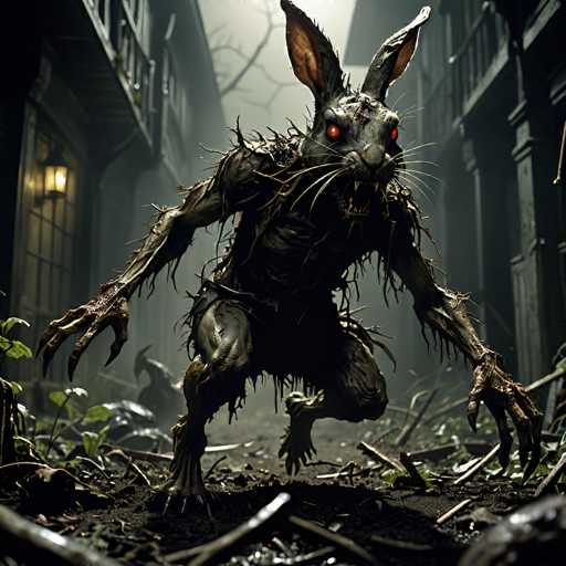 The image depicts a menacing, anthropomorphic rabbit creature set against a dark, eerie backdrop. The rabbit stands upright on its hind legs, with its front paws extended forward, giving it a humanoid posture. Its fur is a mix of gray and brown, appearing matted and dirty, with patches of skin exposed, revealing a pinkish hue underneath. The creature's face is particularly frightening, featuring glowing red eyes, a large nose, and long, sharp teeth. Its ears are large and pointed straight up, with the inner parts showing a pinkish color.

The rabbit's hands are long and skeletal, with fingers resembling claws, adding to its monstrous appearance. The setting is a dimly lit alleyway, flanked by tall, old buildings that evoke a sense of abandonment and decay. The ground is littered with debris, including sticks and leaves, contributing to the overall grim atmosphere. In the background, a leafless tree stands, its bare branches reaching into the sky, further enhancing the scene's desolate and haunting mood.