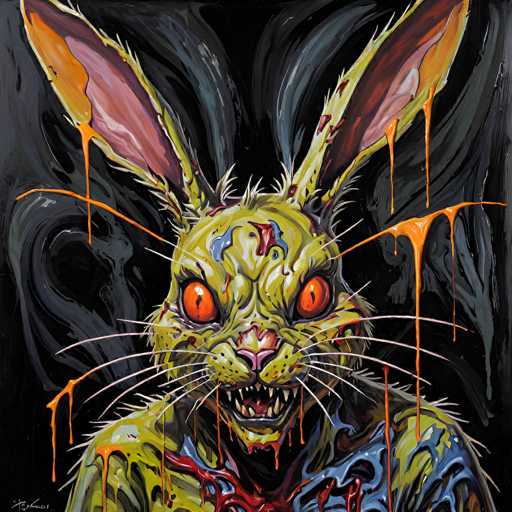 This image depicts a menacing, cartoonish green rabbit with an evil expression. The rabbit's face is adorned with sharp, white fangs and a pink nose, while its eyes are a striking orange-red color. Its long, green whiskers extend outward, and its ears are a mix of green and pink, with the insides colored purple. The rabbit's body is covered in a slimy substance, with blue and red streaks resembling blood dripping down its form. The background is a chaotic blend of black, gray, and white, with swirling patterns that add to the overall dark and sinister atmosphere. The rabbit's head is slightly tilted to the left, and its body is partially visible, showing a mix of green, blue, and red hues. The entire scene is set against a black backdrop, enhancing the eerie and unsettling nature of the image.