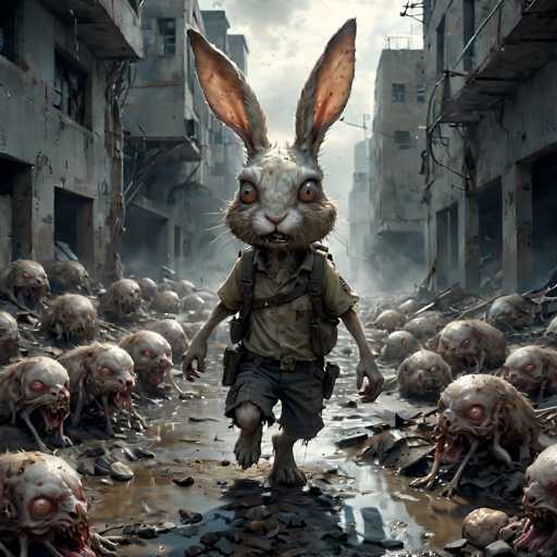 A photorealistic, highly detailed image of a humanoid rabbit creature with large ears and glowing eyes, wearing military-style clothing and carrying a backpack. The creature is in the center of a desolate, post-apocalyptic city street, surrounded by numerous zombie-like creatures with decaying flesh and glowing eyes. The scene is dimly lit, with a hazy atmosphere suggesting dust or smoke, emphasizing the creature's determined and slightly desperate expression as it moves forward. The background shows crumbling buildings, debris-strewn streets, and a sense of decay, creating a dark and unsettling environment. The overall style is reminiscent of a digital painting with a focus on realistic textures and lighting, conveying a sense of danger and survival in a post-apocalyptic world.