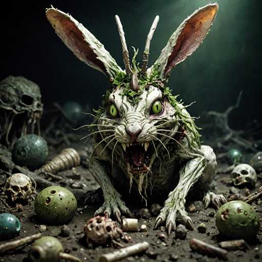 The image depicts a nightmarish creature that appears to be a grotesque hybrid of a rabbit, cat, and mouse. Its face is adorned with large, menacing green eyes and an open mouth filled with sharp, fang-like teeth. The creature's fur is a mix of white and gray, with long whiskers protruding from its face. Its ears are large, floppy, and rabbit-like, with pink insides. Adding to its monstrous appearance are two horns protruding from its head, covered in green moss and grass.

The creature stands on a dirt ground littered with various macabre items, including skulls, bones, and green balls that resemble eggs. The background is dark and blurry, with a smoky atmosphere that enhances the eerie and sinister mood of the scene. The overall color palette includes shades of black, white, gray, green, pink, and red, contributing to the unsettling and horror-like aesthetic of the image.