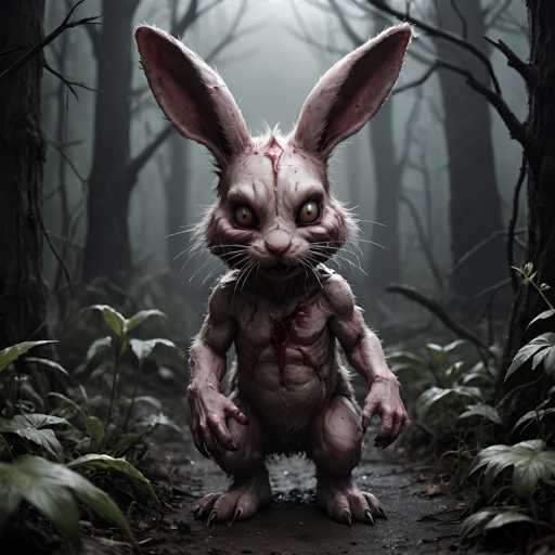The image depicts a menacing, anthropomorphic rabbit standing upright in a dark, foggy forest. The rabbit's body is muscular and human-like, with large, clawed hands and feet. Its fur is predominantly white with patches of pink, and it has a distinctive red scar running from the top of its head down to its chest. The rabbit's eyes are a striking yellow with black pupils, giving it a sinister appearance. The forest around it is dense with tall, leafless trees, and the ground is covered in green leaves and plants. The overall atmosphere is eerie and unsettling, with the rabbit staring directly at the viewer, creating a sense of unease.