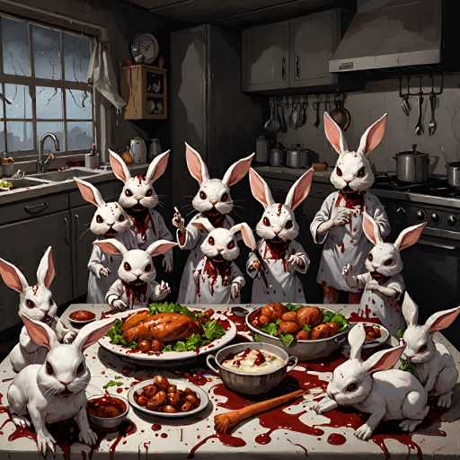 The image depicts a group of seven white rabbits sitting around a table filled with food and drinks. The table is covered in red sauce, indicating that the meal has been quite messy. The rabbits appear to be enjoying themselves as they eat and drink from the various dishes on the table.