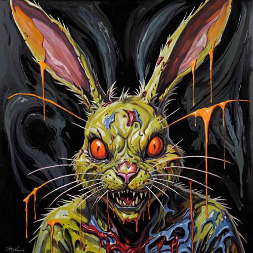 The image depicts an eerie painting featuring a green rabbit with large, red eyes and sharp teeth, giving it the appearance of a creature from another world. The rabbit is surrounded by orange paint splatters, adding to its unsettling atmosphere. The background is dark and black, providing a stark contrast that further emphasizes the rabbit's presence in the scene.