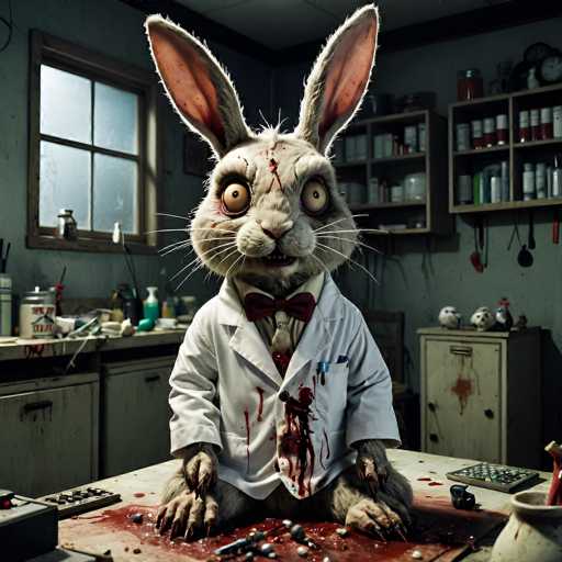 The image depicts a disturbing scene of a gray rabbit with blood splattered across its face and body, sitting at a cluttered workbench in a dimly lit laboratory. The rabbit, which has large, yellow eyes with black pupils and long whiskers, is dressed in a white lab coat, a red bow tie, and a white shirt. Its hands, resembling human hands with long claws, are positioned on the table in front of it. The table is covered in blood, with various tools and objects scattered around, including a vial and a keyboard. The background reveals a messy laboratory with shelves lined with bottles, jars, and other scientific equipment, some of which are also stained with blood. A window on the left side of the room allows some light to filter in, highlighting the chaotic and unsettling nature of the scene.