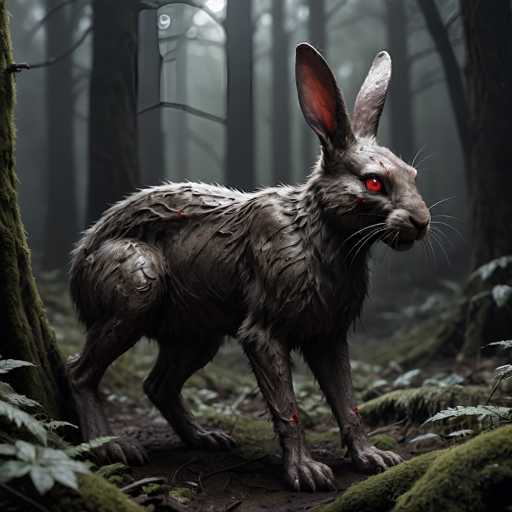 The image depicts a fantastical, computer-generated creature resembling a rabbit but with distinct, eerie features. The rabbit-like being stands on all fours in a dense, dark forest, surrounded by tall trees with moss-covered trunks and a ground blanketed in green leaves. Its fur is a mix of gray and brown, appearing matted and somewhat dirty, with patches of red blood visible on its head, back, and legs. The creature's eyes are a striking, glowing red, adding to its unsettling appearance. Its ears are long and pointed, standing erect on its head. The overall scene is shrouded in a misty fog, enhancing the eerie and mysterious atmosphere.