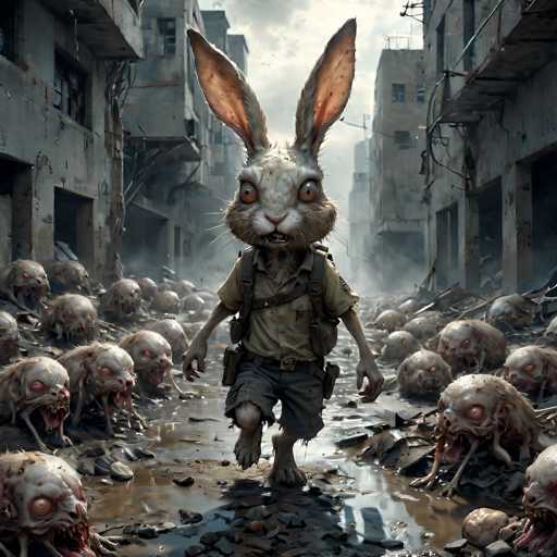 In this detailed and haunting scene, a giant rabbit with human-like arms and legs strides through a desolate, post-apocalyptic cityscape. The rabbit, with its large, expressive brown eyes and long ears, wears a tattered brown shirt and shorts, and carries a backpack with a strap across its chest. Its face, marked by a white snout and a slightly open mouth revealing sharp teeth, exudes a sense of determination and wariness. The city around it is in ruins, with crumbling buildings and debris scattered about. On either side of the rabbit, numerous grotesque creatures with red eyes and mouths filled with sharp teeth emerge from the ground, their heads resembling those of dogs or pigs. The ground is littered with water, adding to the eerie and desolate atmosphere of the scene.