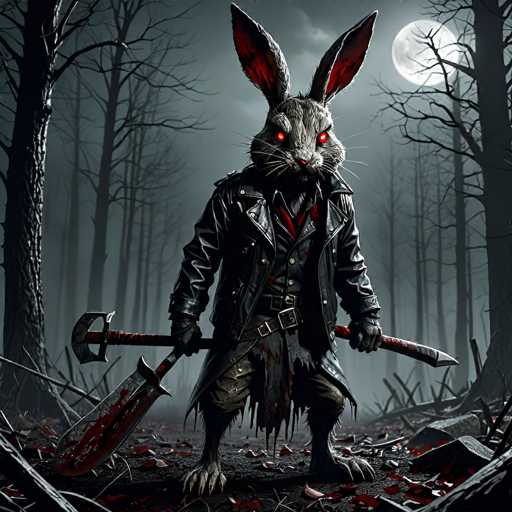 The image depicts a menacing, anthropomorphic rabbit standing upright in a dark, eerie forest. The rabbit is dressed in a black leather jacket, black gloves, and a black vest with gold buttons, over which it wears a tattered, ripped-up skirt. Its eyes glow red, and its ears are long, pointed, and red inside. The rabbit's hands grasp a bloodied hatchet and a large knife, both smeared with blood. The ground beneath it is littered with debris, including broken twigs and leaves, also stained with blood. The background features tall, leafless trees silhouetted against a dark gray sky, with a full moon casting a dim light from the top right corner. The overall scene is shrouded in fog, enhancing the sinister and foreboding atmosphere.