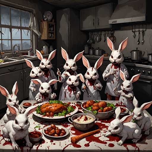 This image depicts a chilling scene of a family of rabbits gathered around a dinner table, each clad in pristine white dresses. The rabbits' eyes are unnervingly red, adding to the eerie atmosphere. The table is laden with a variety of foods, including a centerpiece of what appears to be a roasted turkey, surrounded by bowls of mashed potatoes, green beans, and other vegetables. The rabbits are covered in blood, with crimson stains splattered across their dresses and the tablecloth. Some of the rabbits are holding knives, poised as if ready to attack, while others have their hands raised in a threatening manner. The background reveals a kitchen setting with a sink, stove, and various pots and pans hanging from the ceiling. A window in the background shows a dark, stormy night outside, enhancing the ominous mood of the scene.