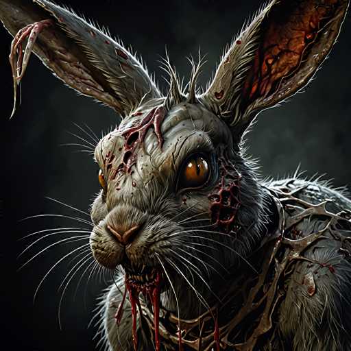 The image depicts a rabbit with bloodied and rotting teeth, giving it an eerie appearance. The rabbit is facing the camera directly, with its eyes wide open as if startled or observing something in front of it. The background is dark and blurred, further emphasizing the rabbit's presence and drawing attention to its unsettling features.