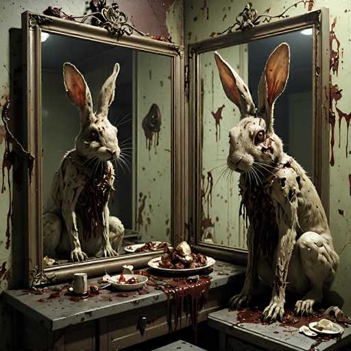 In this hauntingly surreal image, a grotesque creature that appears to be a hybrid of a rabbit and a human sits on a gray stool in a room. The creature's body is unnaturally thin, with its skin stretched taut over its bones, giving it a papery, almost artificial appearance. Its face is disturbingly rabbit-like, with large, bloodshot eyes and long, floppy ears. The creature's chest is gruesomely torn open, revealing a mass of intestines and other internal organs that ooz out in a disturbing display.

The setting is equally unsettling, with the creature positioned in front of two mirrors. One mirror is mounted on the wall, while the other is placed on a gray table. Both mirrors reflect the nightmarish scene, amplifying the eerie atmosphere. The table is littered with various items, including a plate of food, a bowl, and a cup, all stained with blood that drips ominously. The walls of the room are splattered with blood, adding to the chaotic and macabre ambiance. The creature's posture is hunched, with its head turned slightly to the left, as if it is gazing at something off-screen, adding to the overall sense of dread and unease.