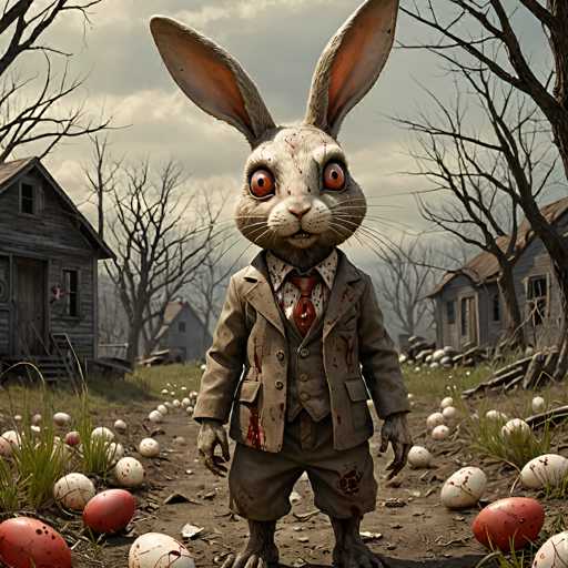 A creepy, anthropomorphic rabbit dressed in a vintage suit stands amidst scattered Easter eggs and dilapidated houses. The rabbit has large, wide eyes with visible bloodshot veins, a pale, textured fur, and wears a red tie. The scene is set in a desolate, slightly eerie environment with bare trees and a cloudy sky.