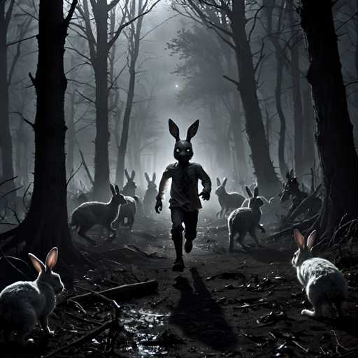 The image depicts a person dressed in a white shirt and black pants running through a forest at night with a group of rabbits following closely behind them. The scene is set against the backdrop of tall trees and a foggy atmosphere, creating an eerie and mysterious ambiance.