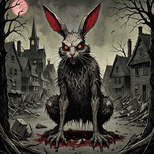 The image depicts a chilling scene reminiscent of a horror movie. At the center stands a grotesque creature with the head of a rabbit, but with sinister, human-like features. Its eyes glow an eerie red, and its mouth is open wide, revealing sharp teeth. The creature's fur is matted and dirty, adding to its menacing appearance. It stands on its hind legs, with long, clawed fingers and toes, and appears to be bleeding from a wound on its right foot.

The setting is equally unsettling, with a backdrop of dilapidated houses that resemble those in a ghost town. The structures are in various states of decay, with some missing roofs and walls, and others showing signs of fire damage. Debris is scattered across the ground, contributing to the overall sense of destruction and abandonment.

In the upper left corner of the image, a full moon casts a pale light over the scene, enhancing the eerie atmosphere. The sky is filled with dark, ominous clouds, further amplifying the sense of dread. Two leafless trees frame the scene on either side, their bare branches reaching into the moonlit sky.

The color palette is predominantly muted, with shades of gray, black, and white, which heightens the eerie and foreboding mood of the image. The entire composition evokes a strong sense of horror and unease, as if plucked straight from a nightmarish vision.