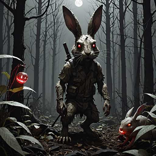 In this eerie, computer-generated image, a menacing rabbit stands at the center of a dark, leafless forest. The rabbit, with its glowing red eyes and long, pointed ears, is dressed in a tattered military uniform, complete with a belt, straps, and a sword on its back. Its human-like hands and feet, with sharp claws, add to its terrifying appearance. The rabbit's face is marked by a large scar on its forehead, and its fur is sparse, revealing patches of skin. To the right, a smaller rabbit with glowing red eyes and a glowing mouth crouches in the bushes. On the left, a jack-o'-lantern with glowing eyes and teeth hangs ominously from a tree branch. The background features tall, barren trees silhouetted against a gray sky, with a full moon casting an eerie glow from the top center of the image. The ground is littered with dirt, leaves, and twigs, enhancing the overall spooky atmosphere.
