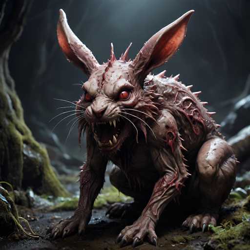 A close-up, high-detail digital painting of a monstrous creature resembling a mutated rabbit. The creature is crouched on a dark, damp forest floor covered in moss and roots. Its fur is a sickly pale gray, with patches of dark red and brown suggesting decay or injury. Sharp, jagged spikes protrude from its body, and its face is a grotesque mix of sharp teeth and glowing red eyes. Long, thin, dark whiskers extend from its snout, and its paws are tipped with sharp claws. The creature's body is hunched forward, giving it a predatory posture. The background is dark and blurred, suggesting a dimly lit forest environment. The overall lighting is dramatic, with highlights on the creature's textured skin and sharp features, creating a sense of unease and horror. The style is highly detailed and realistic, with a focus on texture and anatomical detail.