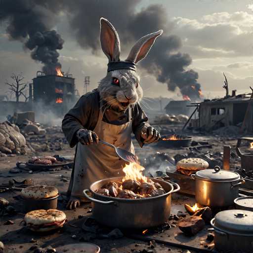 A realistic, highly detailed digital painting depicting a large, anthropomorphic rabbit wearing a dark gray hooded apron and a black head covering, stirring a pot of steaming food over an open fire in a post-apocalyptic wasteland. The rabbit is positioned centrally, holding a large metal spoon and looking directly at the viewer with wide, glowing red eyes. The scene is set amidst a desolate landscape of rubble and debris, including overturned metal containers, scattered food scraps, and charred remnants of buildings in the background. 

Several other pots are visible on the ground, some with food cooking and others appearing empty. Smoke billows into the sky from distant fires, creating a hazy atmosphere. The overall lighting is dramatic, with warm light emanating from the fires and casting shadows on the surrounding debris. The rabbit's expression is intense, suggesting a determined or focused demeanor as it prepares a meal in this ruined environment. The style is highly detailed and realistic, emphasizing texture and depth to create a vivid and immersive scene.