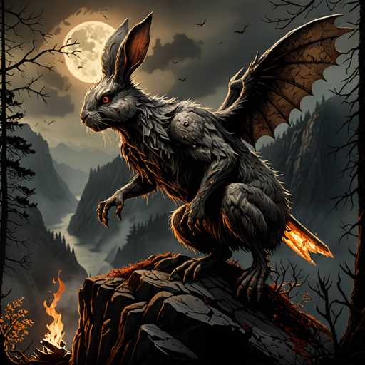 A detailed digital painting of a mythical creature, resembling a hybrid of a bat and a rabbit, perched on a rocky cliff under a full moon. The creature has large, pointed ears, sharp claws, and glowing red eyes. Its fur is dark gray and textured, with fiery orange patches on its body and wings. The creature's wings are large and leathery, with a dark brown color and visible veins. It is positioned in a dynamic pose, looking alert and ready to pounce. The background features a dark, misty landscape with mountains, trees, and a winding river. A small fire burns on the cliff next to the creature, casting a warm glow on its fur and wings. The overall mood is mysterious and fantastical, with a touch of danger.