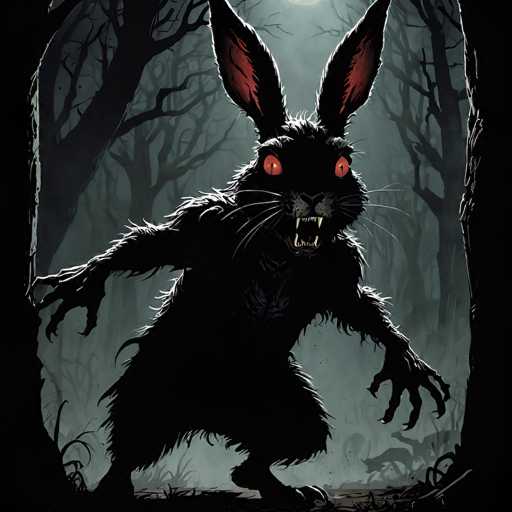 The image depicts a menacing, anthropomorphic creature resembling a rabbit with human-like arms and hands. The creature stands upright on two legs, with its arms outstretched, showcasing its sharp claws. Its fur is a mix of black and gray, with the black areas appearing shadowed and the gray parts highlighted by light. The creature's eyes are a striking orange with black pupils, and its mouth is open, revealing sharp teeth and fangs. Its ears are long and pointed, with red interiors. The background features a dark, eerie forest with tall, leafless trees and a grayish-green ground. The overall atmosphere is unsettling, with the creature appearing to be in motion, possibly running towards the viewer.