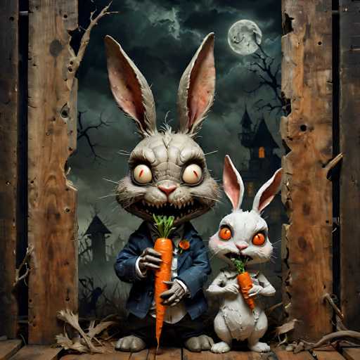In this eerie, AI-generated Halloween-themed image, two sinister-looking rabbits stand menacingly in the foreground. The larger rabbit, gray in color, sports a blue suit jacket over a white shirt and holds a carrot with green leaves in its right hand. Its eyes are unnervingly red, and its mouth is open wide, revealing sharp teeth. Beside it, a smaller white rabbit mirrors the larger one's actions, also clutching a carrot. Both rabbits have their ears perked up, adding to their unsettling appearance.

The backdrop features a dilapidated wooden door with peeling paint, revealing the raw wood beneath. The door is flanked by two wooden boards, and the ground is littered with dead leaves. Behind the rabbits, a dark, cloudy sky looms ominously, dominated by a full moon. A gnarled tree stands to the right, its branches reaching out menacingly. In the distance, a spooky castle with illuminated windows and a triangular roof adds to the chilling atmosphere. The entire scene is bathed in a grayish hue, enhancing the overall sense of dread and foreboding.