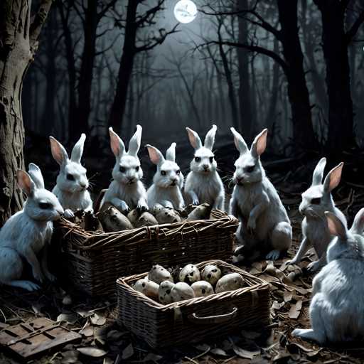 In this eerie, AI-generated nighttime forest scene, a full moon casts an otherworldly glow over a group of peculiar white rabbits. The forest is dense with leafless trees, their bare branches reaching out like skeletal fingers against the dark sky. The ground is littered with dead leaves, adding to the desolate atmosphere.

At the center of the image, two wicker baskets are prominently featured. The larger basket, positioned towards the back, is filled with an assortment of objects that resemble eggs and possibly some rocks. The smaller basket, placed in front, contains only white, egg-like items. Surrounding these baskets are several white rabbits, each with long ears and an unsettlingly human-like face. Their eyes are fixed directly at the viewer, creating an uncanny and somewhat menacing impression.

The rabbits' appearance is further enhanced by their human-like hands, which they use to hold and manipulate the objects in the baskets. This surreal combination of animal and human features, coupled with the eerie forest setting, gives the image a distinctly unsettling and surreal quality.