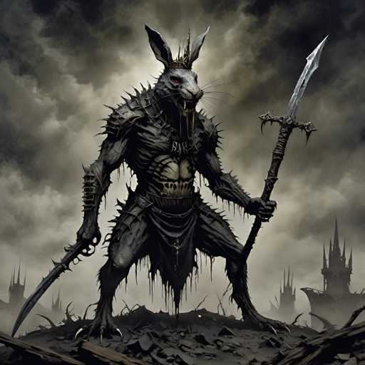 The image depicts a menacing, anthropomorphic rabbit standing on a pile of rubble. The rabbit is adorned with a crown and has a fierce expression, characterized by glowing red eyes and sharp teeth. Its fur is dark gray, almost black, and it has long, pointed ears. The rabbit's body is covered in spikes, particularly on its shoulders, elbows, knees, and wrists, giving it a formidable appearance. It wears a loincloth and wields a large sword in its left hand, while holding a smaller knife in its right hand. The background is filled with dark, ominous clouds, and the rabbit stands amidst the ruins of a castle, with spires visible in the distance. The overall scene is dark and foreboding, emphasizing the rabbit's role as a fearsome warrior.