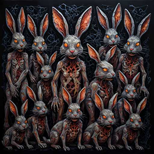 The image depicts a group of nine rabbits with orange fur and white faces arranged in three rows against a black background. The first row has four rabbits, the second row has five, and the third row has six. Each rabbit is facing different directions, creating an interesting visual dynamic within the composition.
