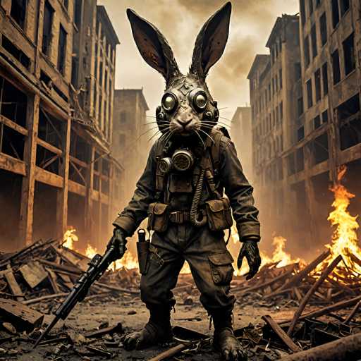 In this detailed and evocative image, a post-apocalyptic scene unfolds with a striking central figure: a rabbit-like creature clad in military attire. The creature, with its long ears and whiskers, dons a helmet with goggles and a gas mask, enhancing its soldier-like appearance. It wears a long-sleeved brown jacket, brown pants, and black gloves, and is equipped with various gear including a belt with pouches and a holster on its right side. The rabbit holds a long rifle in its right hand, while its left hand rests by its side. The creature's feet are visible, showing claws instead of paws.

The setting is a devastated urban landscape, with tall, multi-story buildings on either side of the rabbit, many of which are in ruins with broken windows and some emitting flames from their bases. The ground is littered with debris, including wooden planks and metal pieces, contributing to the overall sense of destruction. The sky above is a mix of gray and brown hues, filled with smoke, adding to the desolate atmosphere. The image, which could be a photograph or a highly realistic drawing, captures the haunting essence of a world after a catastrophic event.