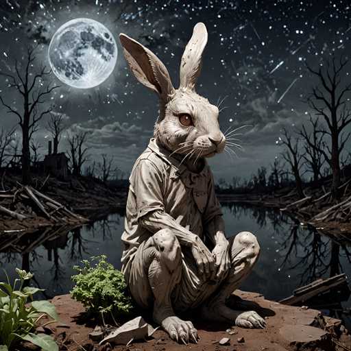 A surreal, detailed digital painting of a white anthropomorphic rabbit figure sitting on a mossy rock in a desolate, post-apocalyptic landscape. The rabbit is wearing a tattered, light-colored garment and has large, expressive eyes looking directly at the viewer. The background features a dark, moonlit sky with a full moon partially obscured by clouds and a few shooting stars. The landscape is desolate, with skeletal trees lining the background and a still body of water reflecting the moonlit sky. The overall mood is eerie, melancholic, and slightly fantastical.