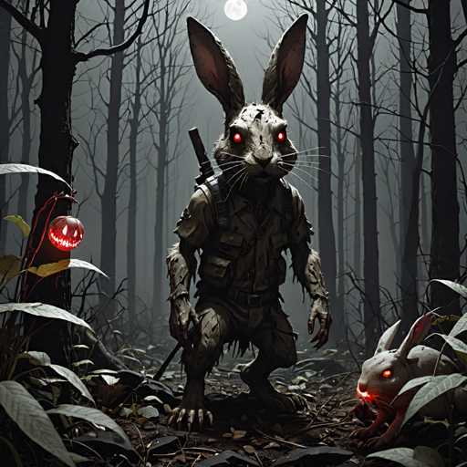 The image depicts an eerie scene set in a forest at night. The main subject is a creature with red eyes and a white face, resembling a rabbit or a deer, standing on the ground surrounded by trees and bushes. To the left of this creature, there's a jack-o-lantern carved from a pumpkin, adding to the Halloween theme. On the right side of the creature, another jack-o-lantern is visible. The background consists of trees and bushes, creating an atmosphere of darkness and mystery.