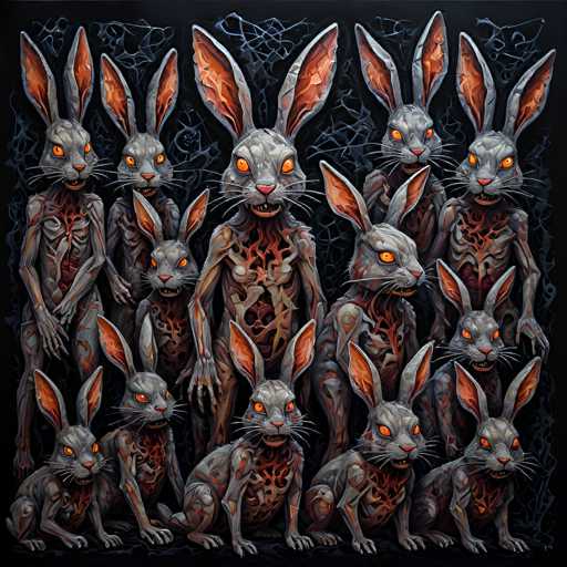 A group of monstrous, skeletal rabbits with glowing orange eyes and exposed internal organs, posed in a dark, eerie setting. The rabbits have sharp teeth and appear to be snarling or growling. They are arranged in a somewhat symmetrical formation, with some rabbits facing forward and others looking towards the viewer. The background is dark and textured, possibly suggesting a shadowy or otherworldly environment. The overall style is dark fantasy, with a focus on macabre and unsettling imagery.