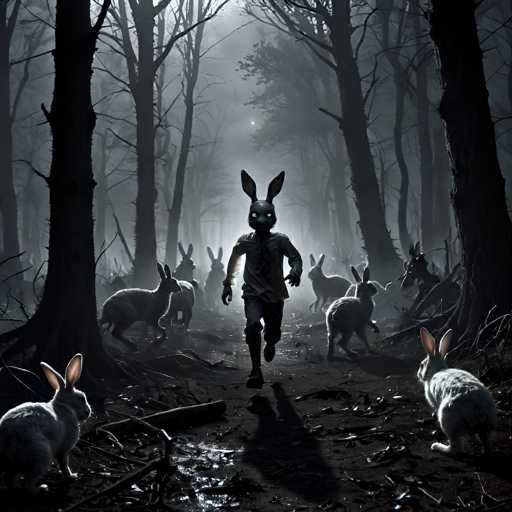 The image depicts a haunting scene set in a dark, foggy forest. At the center of the composition is a figure wearing a mask that resembles a rabbit, with large, white eyes and long ears protruding from the top. The figure appears to be running directly towards the viewer, creating a sense of immediate tension and fear.

Surrounding this central figure are numerous rabbits, both large and small, scattered throughout the forest. They seem to be in motion, as if fleeing from the approaching masked figure. The ground is littered with debris, adding to the chaotic atmosphere.

The forest itself is dense and foreboding, with tall, leafless trees stretching upwards into the misty sky. A small, white moon is visible through the fog, casting an eerie glow over the entire scene.

The overall color palette is predominantly dark, with shades of black, gray, and white, which enhances the ominous and unsettling mood of the image. The contrast between the illuminated central figure and the surrounding darkness creates a striking visual effect, drawing the viewer's attention to the mysterious rabbit-faced entity.

This surreal and unsettling image evokes a sense of dread and otherworldliness, reminiscent of scenes from horror stories or nightmares.