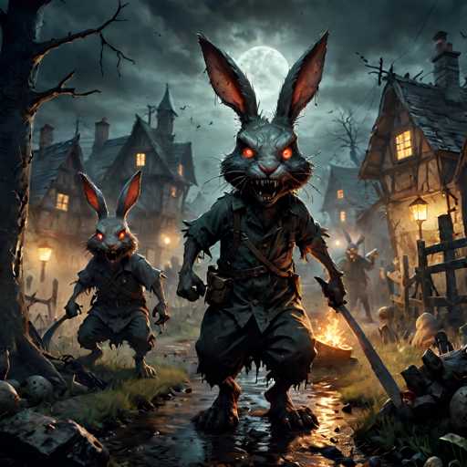 The image depicts two rabbits with red eyes and large teeth standing on a dirt road surrounded by houses and trees under a dark sky. The rabbits appear to be engaged in a fight or duel, with one rabbit holding a sword while the other has a shield.