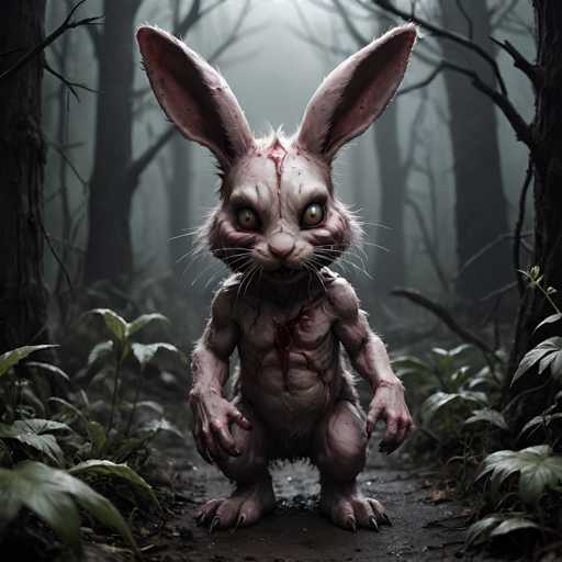 The image depicts a cartoon rabbit with large eyes and a bloodied face standing on its hind legs in the center of a forested area. The rabbit is surrounded by trees and bushes, creating an eerie atmosphere.