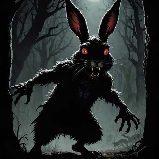 The image depicts a black rabbit with red eyes and sharp teeth standing on its hind legs in the center of a dark forest. The rabbit is facing towards the right side of the image, giving an impression that it's ready to pounce or run away from something unseen.