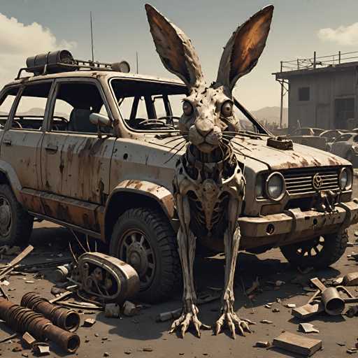 The image depicts a surreal and eerie scene of a junkyard. In the foreground, there is a rusted Volkswagen rabbit car, its skeletal frame exposed with no doors, windows, or interior parts remaining. The car's distinctive rabbit-shaped head is intact, complete with large, expressive eyes and long whiskers, giving it a hauntingly lifelike appearance. Surrounding the car are scattered metal pieces and rusted pipes, adding to the chaotic atmosphere. In the background, a dilapidated building with a metal roof and a small fence can be seen, further emphasizing the desolate setting. The sky above is a mix of blue and gray, with white clouds drifting by, creating a stark contrast to the dark and desolate junkyard below.