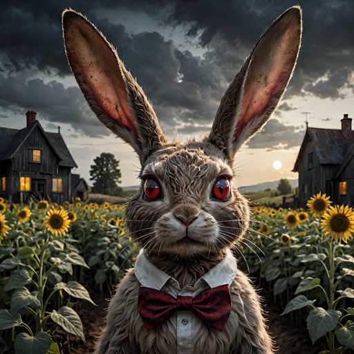 A fluffy, anthropomorphic rabbit with large red eyes and a red bow tie is standing in a field of sunflowers. The rabbit is wearing a white collared shirt and has long, floppy ears. The background features a dark, cloudy sky with a setting sun peeking through the clouds. In the distance, there are several quaint, rustic houses with warm lights glowing in their windows. The overall mood is whimsical and slightly surreal.