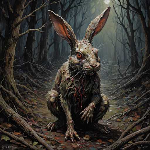 The image depicts a hauntingly eerie scene set in a dark, dense forest. At the center of the composition is a grotesque creature that appears to be a hybrid between a rabbit and a human. This nightmarish being has long, pointed ears and bloodshot orange eyes that stare directly at the viewer. Its fur is matted and dirty, with patches of blood seeping from its body, giving it a disturbingly visceral appearance. The creature's hands are elongated and claw-like, adding to its monstrous visage.

Surrounding this central figure are numerous trees, their branches bare and twisted, creating an ominous canopy that casts deep shadows across the forest floor. The ground is littered with fallen leaves, adding to the sense of decay and desolation. A faint moonlight filters through the trees, casting an otherworldly glow on the scene and enhancing its overall spooky atmosphere.

The color palette is dominated by muted, dark tones—shades of brown, gray, and black—accentuated by the blood-red splatters on the creature's form. This stark contrast heightens the unsettling nature of the image. The creature stands on all fours, its body facing the viewer, with its head slightly tilted to the right, giving it an almost conscious, malevolent presence.

Overall, the image evokes a strong sense of dread and unease, reminiscent of a nightmarish scenario one might encounter in a horror story or a dark fantasy. The detailed and vivid depiction of this monstrous rabbit-human hybrid, combined with the foreboding forest setting, creates a deeply unsettling and memorable visual experience.