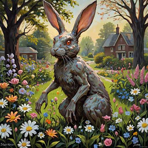 This detailed painting depicts a surreal scene set in a lush, colorful garden. At the center of the composition stands a large, gray rabbit with striking red eyes and long, pink ears. The rabbit's fur is mottled with red spots, giving it a somewhat eerie appearance. Its front paws resemble human hands with long, pointed fingers, adding to its otherworldly presence. The rabbit is positioned on its hind legs, gazing slightly to the left.

Surrounding the rabbit is a vibrant array of flowers in various hues, including white daisies with yellow centers, pink tulips, orange lilies, and blue blossoms. The garden is framed by tall trees on both the left and right sides, their branches extending over the scene. In the background, a two-story brick house with a gray roof and a chimney can be seen, adding a touch of domesticity to the otherwise fantastical setting. The sky above is a clear blue, completing this enchanting and slightly unsettling tableau.