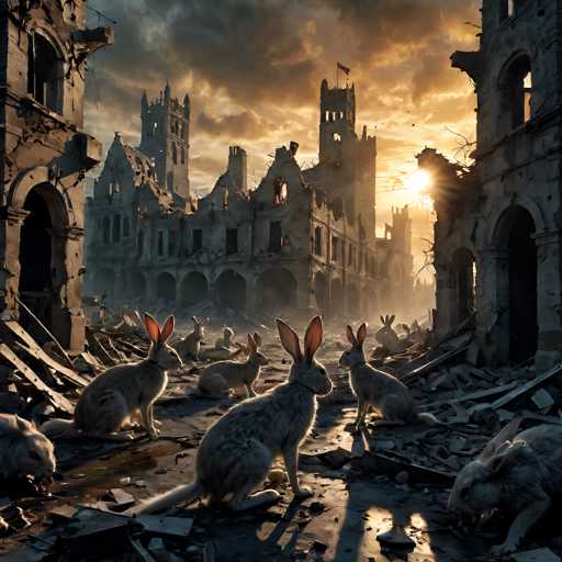 The image depicts a post-apocalyptic scene featuring a group of rabbits in a ruined cityscape. The setting is dominated by dilapidated buildings with broken arches, crumbling walls, and scattered debris, including wooden planks and metal pieces. The sky is a mix of dark gray clouds and a faint orange glow, suggesting either dawn or dusk. In the foreground, several rabbits are scattered around, with one prominently positioned in the center, facing right. The rabbits appear to be a mix of gray and white, with some showing signs of aggression, such as bared teeth and red eyes. The overall atmosphere is one of desolation and decay, with the rabbits adding a touch of eerie life to the abandoned urban landscape.