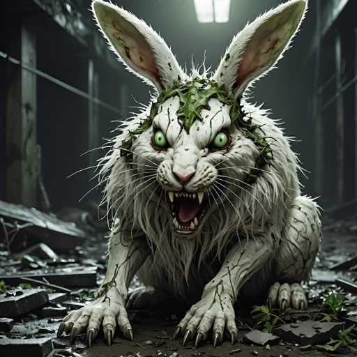 The image depicts a menacing, fantasy creature that appears to be a hybrid of a cat and a rabbit. The creature has long, white fur with a shaggy texture, and its face is adorned with large, green eyes that have black pupils. Its ears are long and rabbit-like, standing upright on top of its head. The creature's mouth is wide open, revealing sharp, fang-like teeth, giving it a fierce and aggressive expression. Its front paws are extended forward, with long, sharp claws visible. The creature's head and body are covered in green leaves and vines, adding to its mythical appearance. It is positioned in the center of a dark, gray, and black background that resembles a damaged or destroyed building, with debris scattered around. The overall scene is eerie and unsettling, with the creature appearing to be in a crouched, ready-to-attack stance.