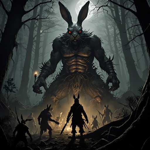 A dark, atmospheric digital painting in a fantasy style depicts a monstrous, oversized rabbit-like creature emerging from a dense, misty forest. The creature is colossal, with glowing red eyes and sharp teeth, its body covered in dark fur and what appears to be bone-like protrusions. It has thick, clawed hands and a powerful, muscular build. 

Several smaller figures, also humanoid but with rabbit-like ears and dark clothing, are positioned around the creature, appearing to be its minions or part of a group. They seem to be in a state of awe or fear, looking up at the massive creature. 

The scene is set in a dark forest with tall, shadowy trees and a thick mist that obscures the background. A full moon hangs in the sky, casting an eerie glow on the scene. The overall color palette is dark and muted, with deep blues, grays, and blacks dominating the image. The lighting is dramatic, highlighting the creature's form and creating a sense of foreboding and danger. The style is reminiscent of dark fantasy art, with a focus on creating a sense of scale and atmosphere.