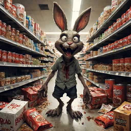 In this eerie image, a menacing rabbit-like creature stands ominously in the middle of a grocery store aisle. The creature's face is grotesque, with unnaturally large eyes that bulge out from its head, giving it a nightmarish appearance. Its mouth is wide open, revealing sharp teeth and a vivid red tongue, adding to its terrifying demeanor. The creature's ears are long and pointed, with the insides tinged a dark red, enhancing its otherworldly look.

The rabbit is dressed in a short-sleeved, button-up shirt that is stained with blood, paired with dark blue shorts. Its hands and feet are covered in hair, ending in long, menacing claws that contribute to its fearsome presence. The creature stands amidst a chaotic scene, surrounded by various food items scattered on the floor. There are red bags of chips, a box of crackers, and other products strewn about, creating a sense of disorder.

The aisle is lined with shelves on both sides, stocked with an assortment of canned goods, including red and blue cans, as well as other grocery items. The store's ceiling is white, and a long light fixture hangs down, casting an unsettling glow over the scene. The overall atmosphere is one of chaos and horror, with the blood-stained rabbit creature as the focal point of this chilling tableau.
