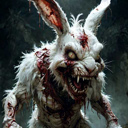 This image depicts a nightmarish creature that appears to be a grotesque fusion of a rabbit and a human. The creature stands upright on two legs, its body covered in white fur that is matted and bloodied. Its face is particularly horrifying, with a gaping mouth filled with razor-sharp teeth and a protruding tongue. The eyes are unnervingly white with small black pupils, giving it a demonic appearance. Blood drips from various parts of its body, including its ears, face, and chest, suggesting it has recently attacked something. The creature's arms are extended forward, as if ready to lunge at the viewer. The background is dark and indistinct, possibly featuring trees or rocks, which adds to the eerie and unsettling atmosphere of the scene.
