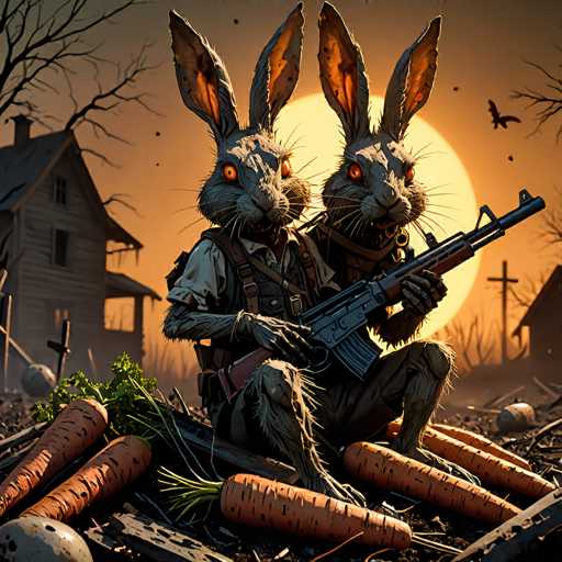 In this detailed and eerie scene, two anthropomorphic rabbits are depicted in a post-apocalyptic landscape. The rabbits, with their large, orange eyes and long ears, are dressed in tattered human clothing and are holding guns, suggesting they are prepared for survival. One rabbit is crouched down, while the other stands behind it, both appearing alert and ready for action. The setting is a desolate area littered with debris, including broken wooden planks and scattered carrots. In the background, a dilapidated house with a broken roof looms ominously, while a cross stands nearby, adding to the desolate atmosphere. The sky is painted in shades of orange, indicating either a sunrise or sunset, with a large, yellow sun casting an eerie glow over the scene. A black bird can be seen flying in the distance, further enhancing the sense of isolation and danger. The overall image evokes a strong sense of desolation and survival amidst a world that has fallen into ruin.