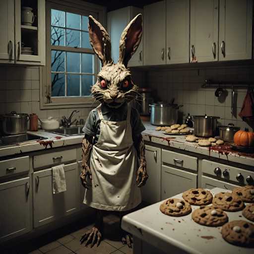 A creepy, anthropomorphic rabbit figure stands in a dimly lit kitchen. The rabbit is dressed in a stained apron and has glowing red eyes, giving it an unsettling appearance. It's holding a large, bloody knife and looks menacingly at the viewer. The kitchen is cluttered with dirty dishes, a sink covered in blood, and scattered cookies on the counter. The overall atmosphere is dark and eerie, suggesting a horror theme.