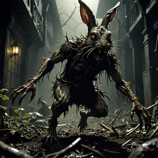 The image depicts a creature with red eyes and sharp teeth, resembling a rabbit or a monster, standing on its hind legs amidst a dark alleyway filled with debris and rubble. The creature is surrounded by various objects scattered around the scene, including a broken window and a pile of branches.