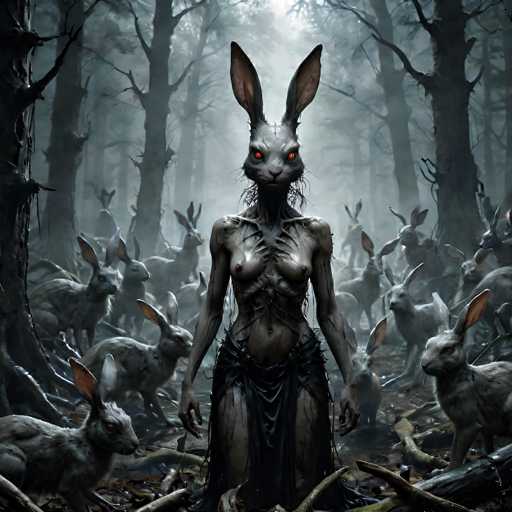 The image depicts a dark, eerie scene set in a dense, foggy forest. At the center stands a grotesque, humanoid creature with the head of a rabbit, featuring long, pointed ears and glowing red eyes. Its skin is gray and tattered, with exposed ribs and a chest that appears to be covered in black, tattered cloth. The creature's arms hang limply by its sides, and its legs are partially obscured by the same black cloth. Surrounding this central figure are numerous smaller rabbits, all gray with red eyes, creating a chilling atmosphere. The forest itself is thick with tall, leafless trees, their branches reaching out into the misty background, adding to the overall sense of desolation and dread. The ground is littered with fallen branches and leaves, enhancing the scene's dark and foreboding ambiance.